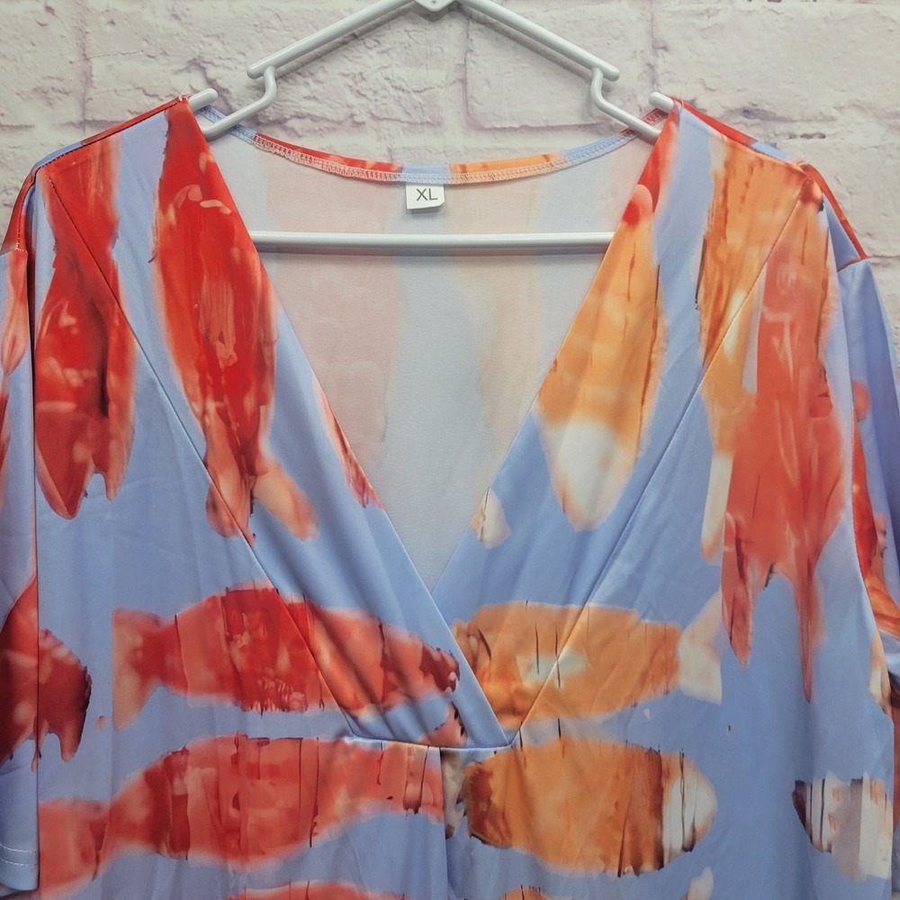 Abstract Koi Fish Maxi Dress Size XL V-Neck Artsy Boho Coastal Beachy Summer - Picture 4 of 8